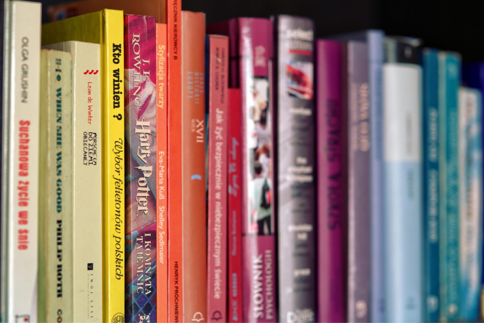 Close-up of a colorful bookshelf featuring a variety of books, including a Harry Potter book.