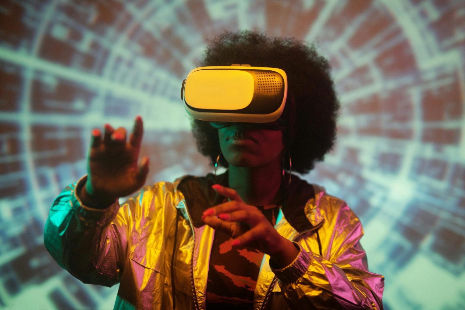 Black woman exploring virtual reality with headset and futuristic backdrop.